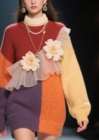 Italian Colorblock Hign Neck Tulle Floral Knit Dress Winter