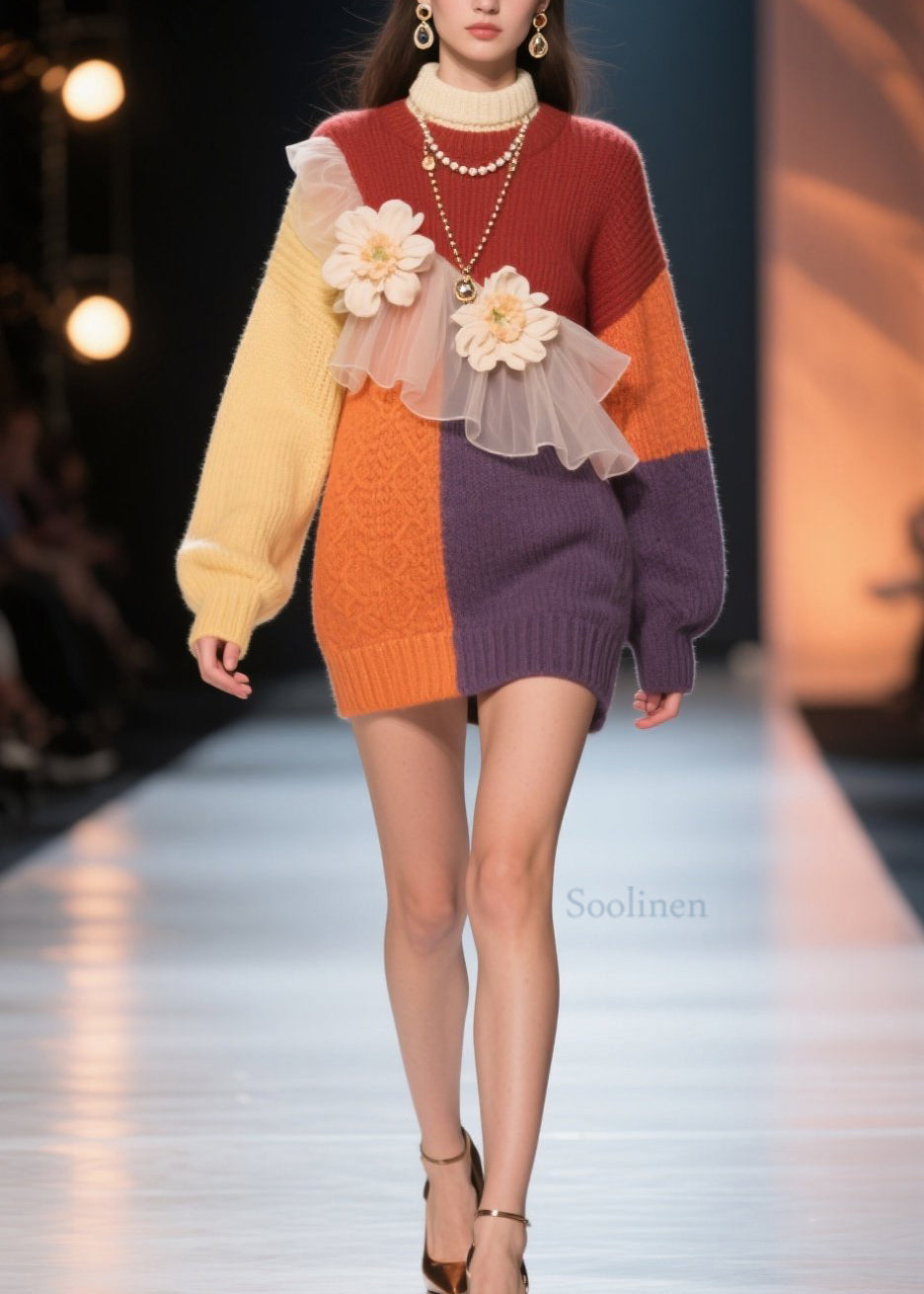 Italian Colorblock Hign Neck Tulle Floral Knit Dress Winter