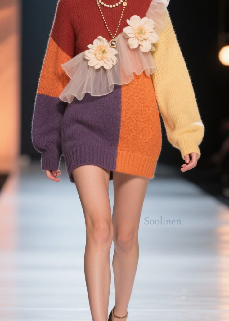 Italian Colorblock Hign Neck Tulle Floral Knit Dress Winter