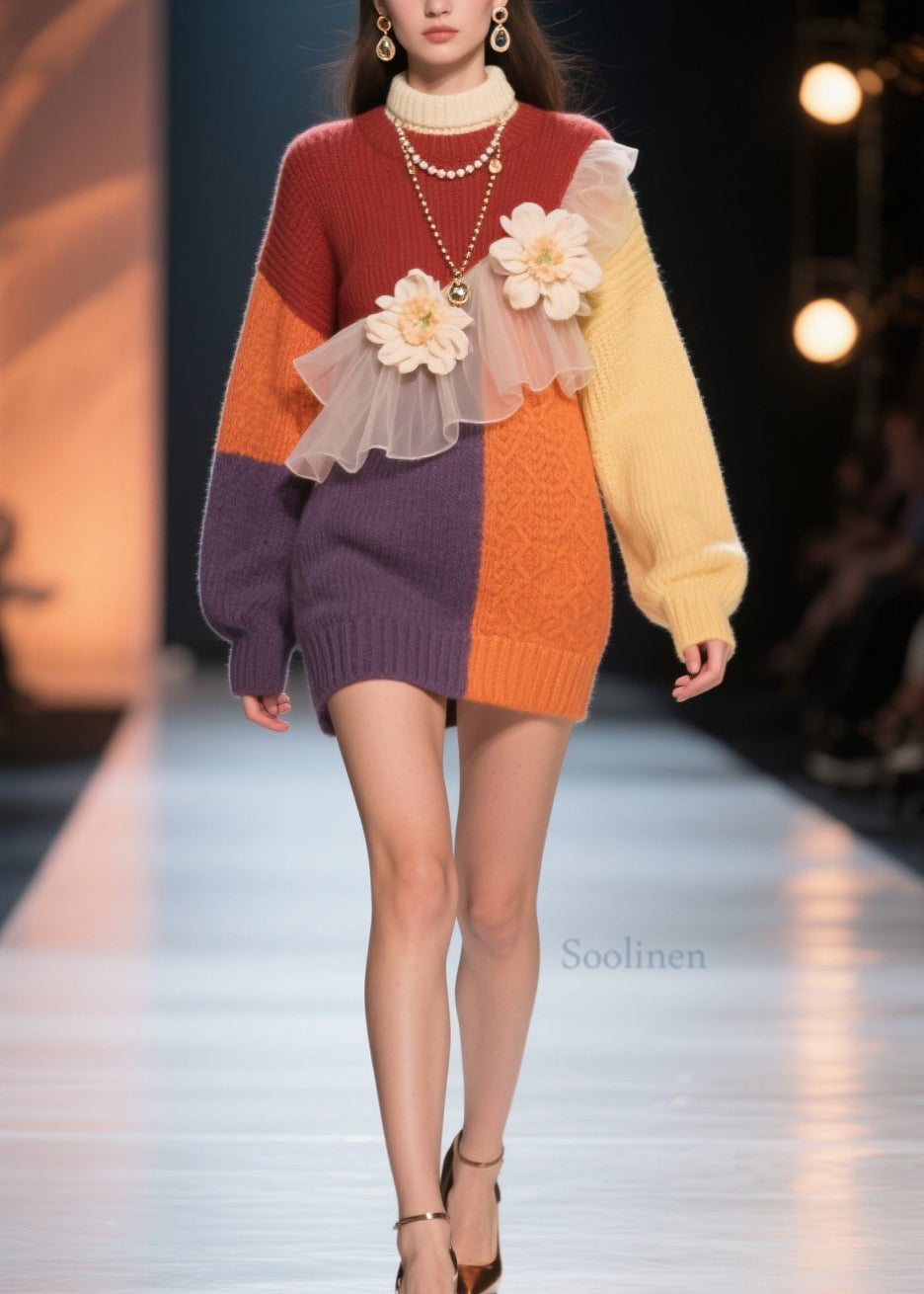 Italian Colorblock Hign Neck Tulle Floral Knit Dress Winter