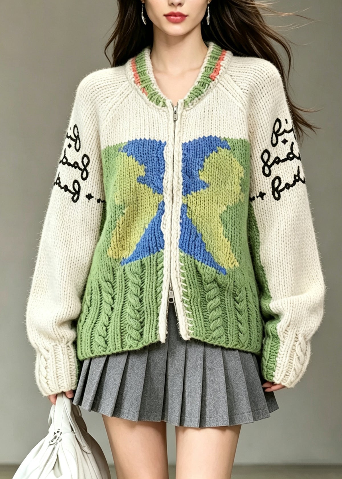 Italian Colorblock O-Neck Zip Up Patchwork Knit Jacket Fall