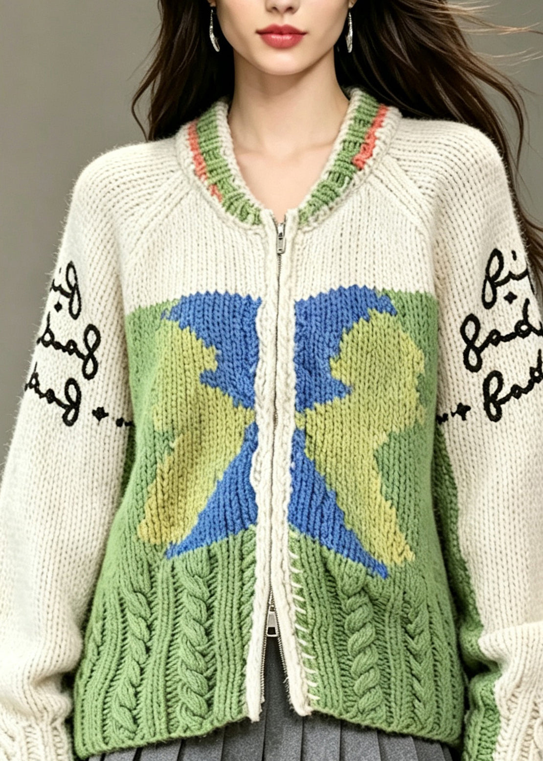 Italian Colorblock O-Neck Zip Up Patchwork Knit Jacket Fall
