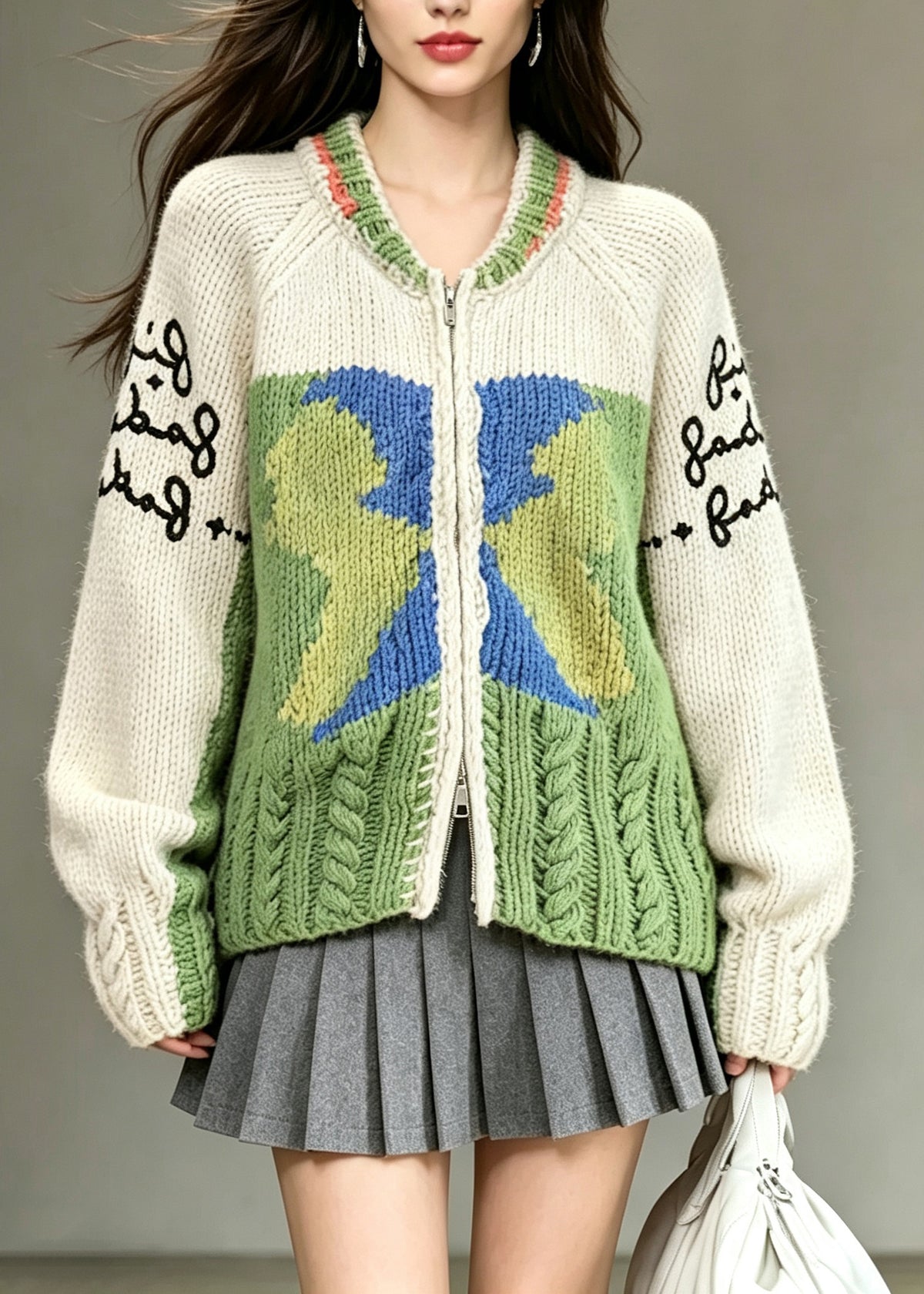 Italian Colorblock O-Neck Zip Up Patchwork Knit Jacket Fall