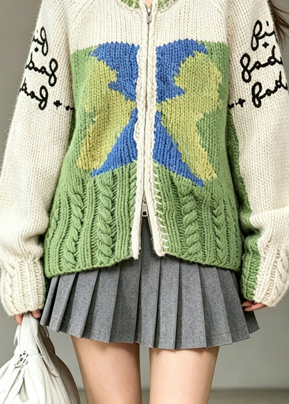 Italian Colorblock O-Neck Zip Up Patchwork Knit Jacket Fall