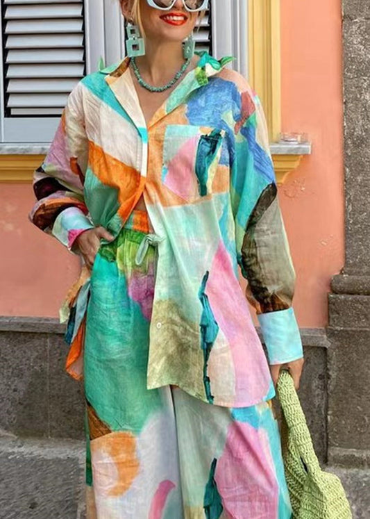Italian Colorblock Oversized Doodle Print Cotton Two Pieces Set Fall