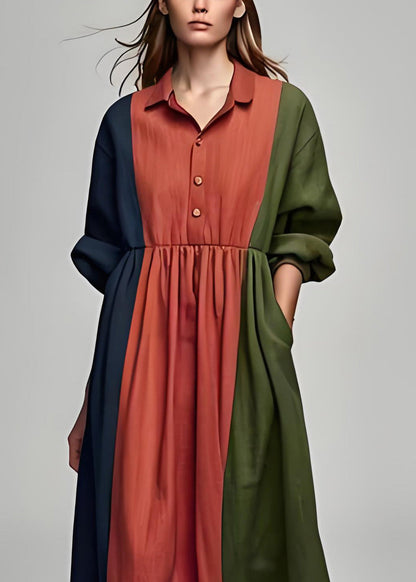 Italian Colorblock Peter Pan Collar Patchwork Cotton Dress Long Sleeve