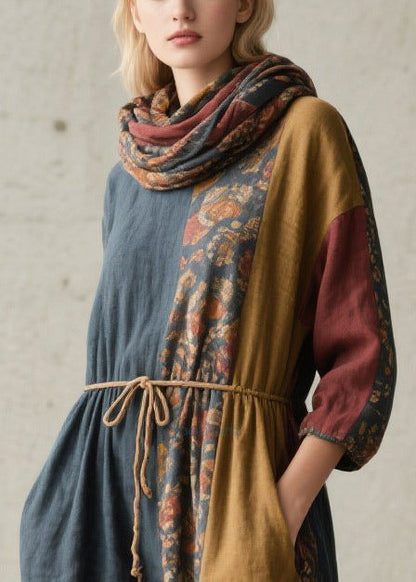 Italian Colorblock Tie Waist Print Cotton Maxi Dresses Fall