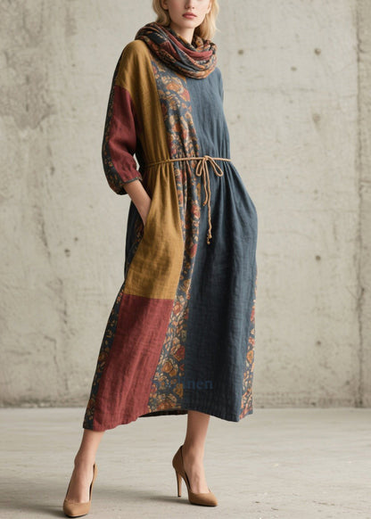 Italian Colorblock Tie Waist Print Cotton Maxi Dresses Fall