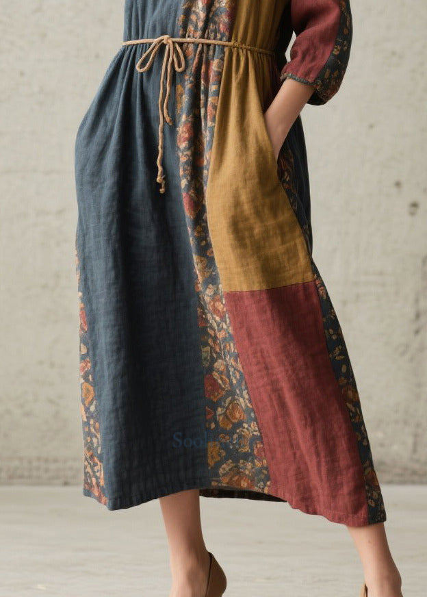 Italian Colorblock Tie Waist Print Cotton Maxi Dresses Fall