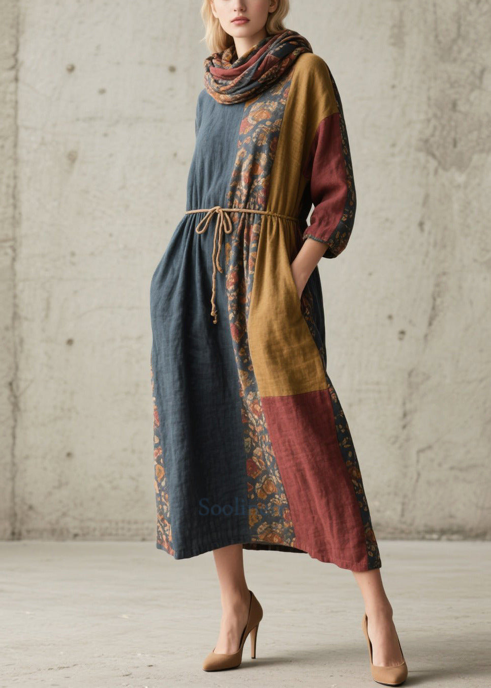 Italian Colorblock Tie Waist Print Cotton Maxi Dresses Fall