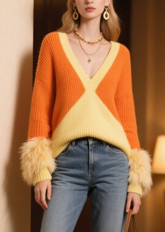 Italian Colorblock V Neck Patchwork Faux Fur Knit Pullover Winter