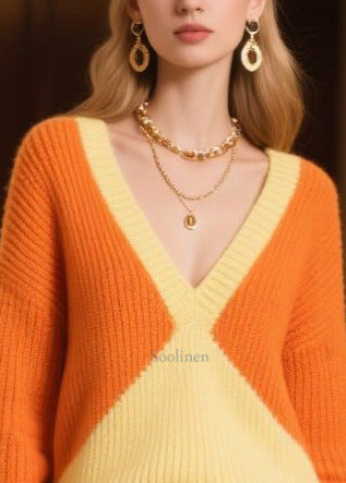 Italian Colorblock V Neck Patchwork Faux Fur Knit Pullover Winter