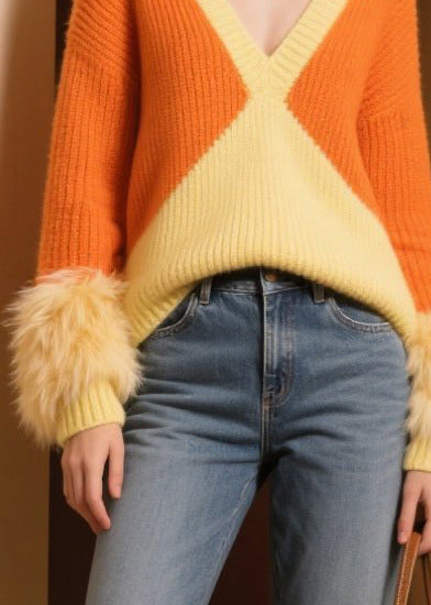 Italian Colorblock V Neck Patchwork Faux Fur Knit Pullover Winter