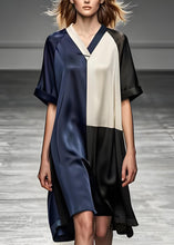 Load image into Gallery viewer, Italian Colorblock V Neck Patchwork Silk Dresses Summer
