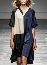 Load image into Gallery viewer, Italian Colorblock V Neck Patchwork Silk Dresses Summer