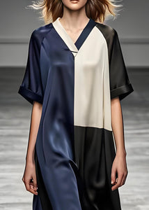Italian Colorblock V Neck Patchwork Silk Dresses Summer