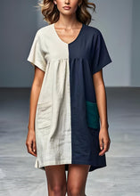 Load image into Gallery viewer, Italian Colorblock V Neck Pockets Patchwork Linen Dresses Summer