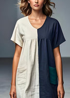 Italian Colorblock V Neck Pockets Patchwork Linen Dresses Summer