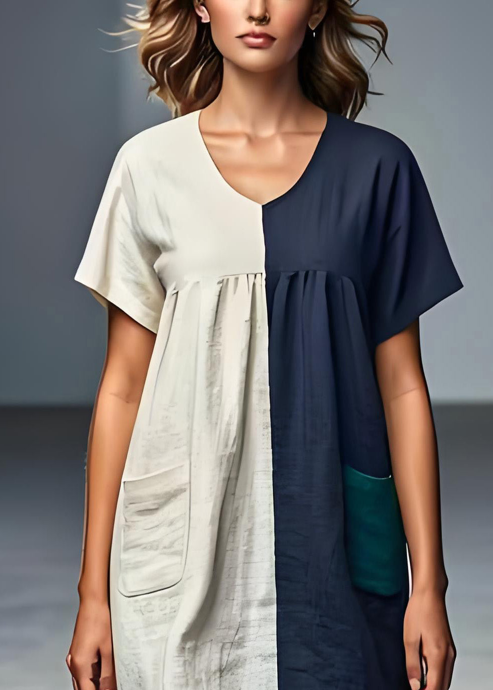 Italian Colorblock V Neck Pockets Patchwork Linen Dresses Summer