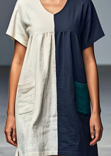 Load image into Gallery viewer, Italian Colorblock V Neck Pockets Patchwork Linen Dresses Summer