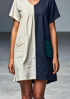 Italian Colorblock V Neck Pockets Patchwork Linen Dresses Summer