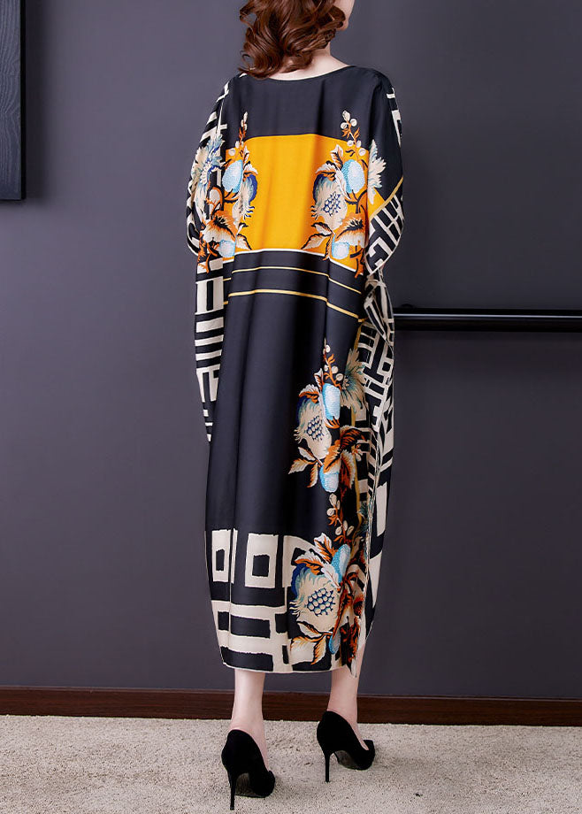 Italian Colorblock V Neck Print Patchwork Loose Silk Dresses Summer