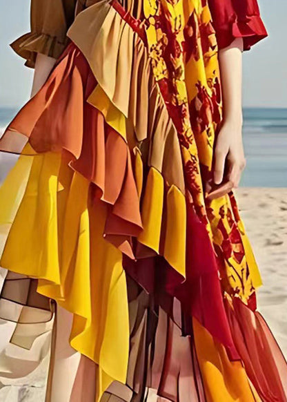 Italian Colorblock V Neck Ruffled Patchwork Chiffon Maxi Dresses Summer