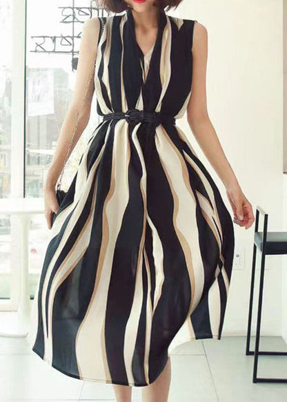 Italian Colorblock V Neck Striped Patchwork Chiffon Dresses Sleeveless