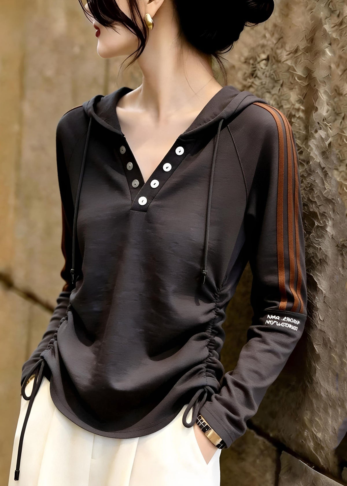 Italian Dark Grey Cinched Drawstring Hooded Top Fall