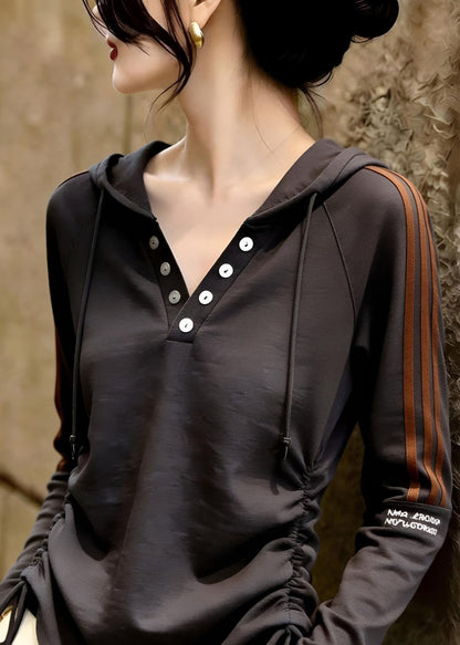 Italian Dark Grey Cinched Drawstring Hooded Top Fall