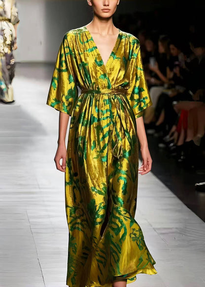 Italian Fluorescent Green Print Silk Tunic Dresses Summer