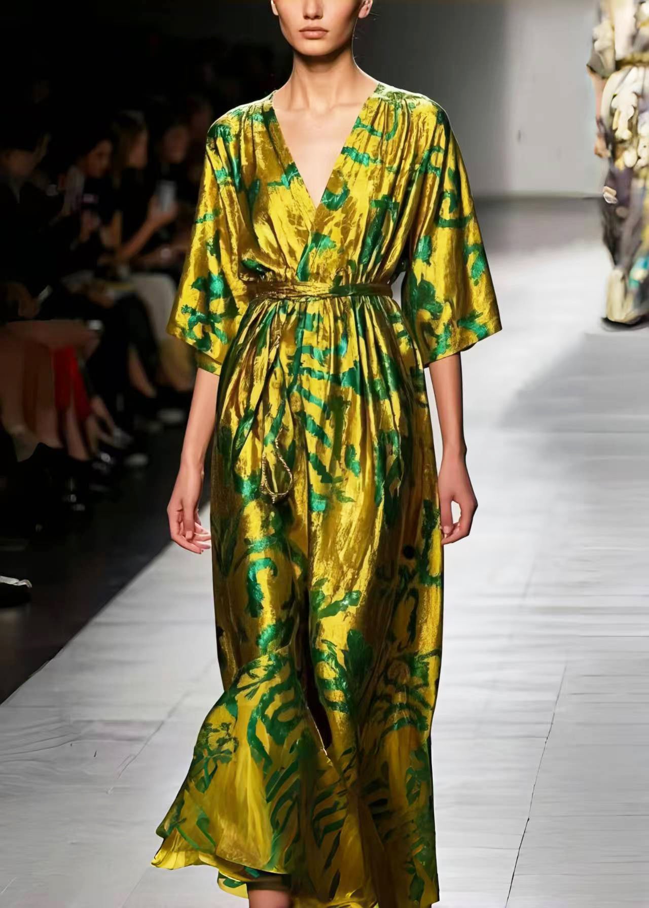 Italian Fluorescent Green Print Silk Tunic Dresses Summer