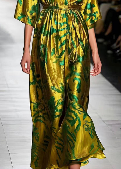 Italian Fluorescent Green Print Silk Tunic Dresses Summer