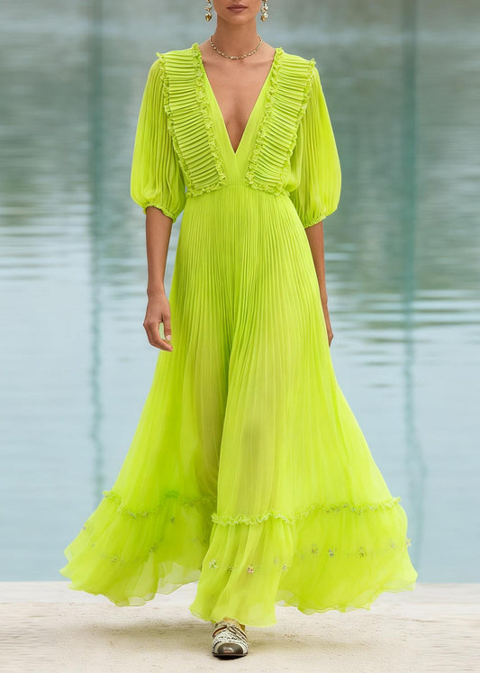 Italian Fluorescent Green Ruffled Patchwork Chiffon Long Dress Summer