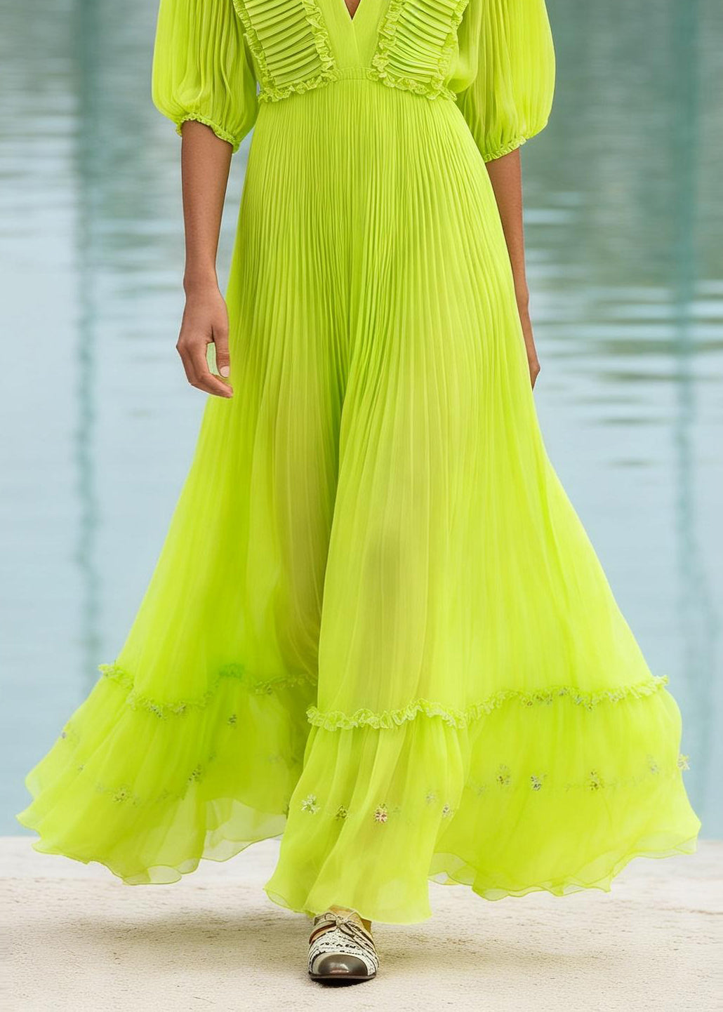 Italian Fluorescent Green Ruffled Patchwork Chiffon Long Dress Summer