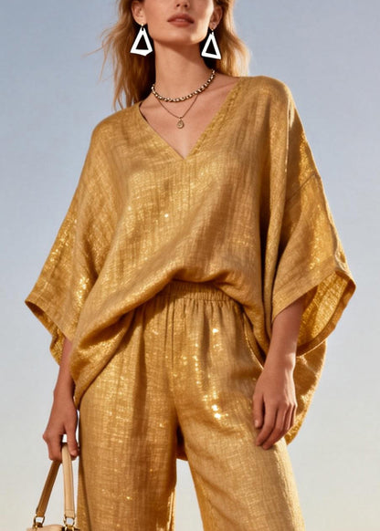 Italian Gold V Neck Elastic Waist Sequins Patchwork Linen Two Pieces Set Batwing Sleeve