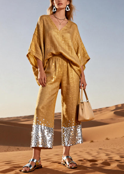 Italian Gold V Neck Elastic Waist Sequins Patchwork Linen Two Pieces Set Batwing Sleeve