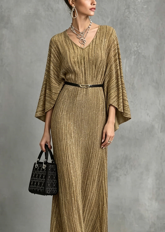 Italian Gold V Neck Long Dresses Batwing Sleeve