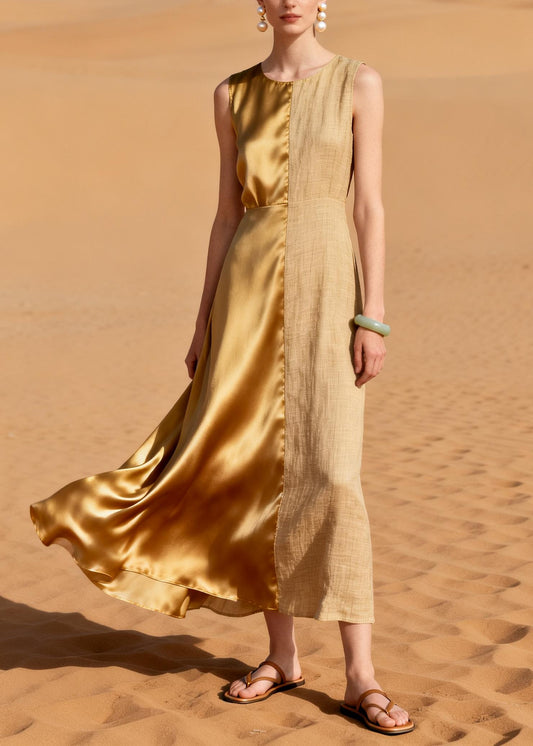 Italian Golden Asymmetrical Patchwork Linen Silk Long Dress Summer
