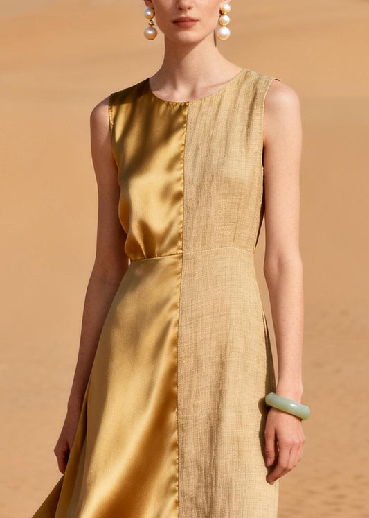 Italian Golden Asymmetrical Patchwork Linen Silk Long Dress Summer