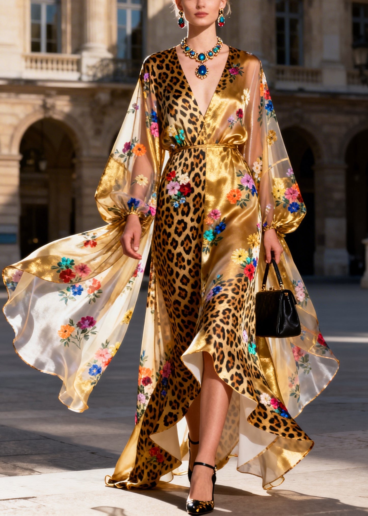 Italian Golden Asymmetrical Patchwork Print Silk Long Dress Summer