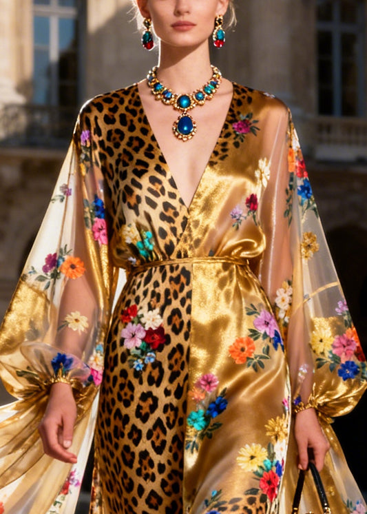 Italian Golden Asymmetrical Patchwork Print Silk Long Dress Summer