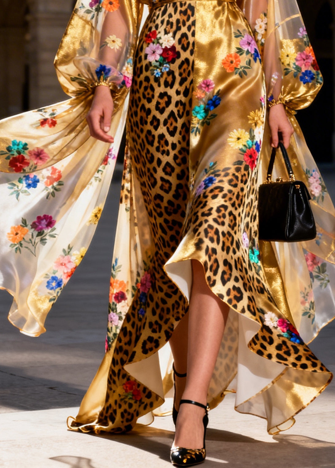 Italian Golden Asymmetrical Patchwork Print Silk Long Dress Summer