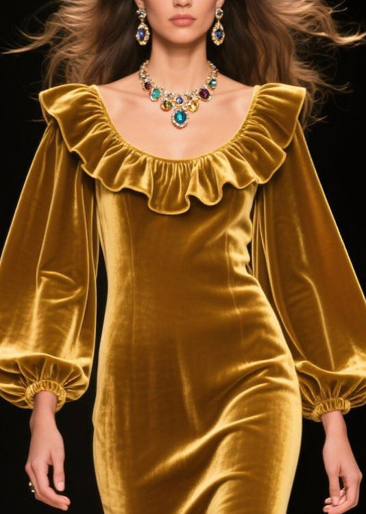 Italian Golden Ruffles Silk Velvet Robe Dresses Spring