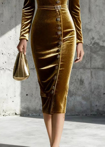 Italian Golden V Neck Button Silk Velvet Wraped Dresses Spring