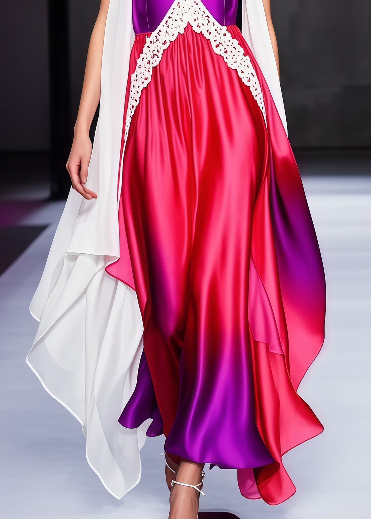 Italian Gradient Color Lace Patchwork Draping Silk Evening Dresses Summer