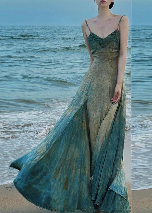 Italian Gradient Color V Neck Backless Cotton Spaghetti Strap Dress Sleeveless