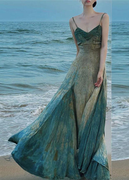 Italian Gradient Color V Neck Backless Cotton Spaghetti Strap Dress Sleeveless