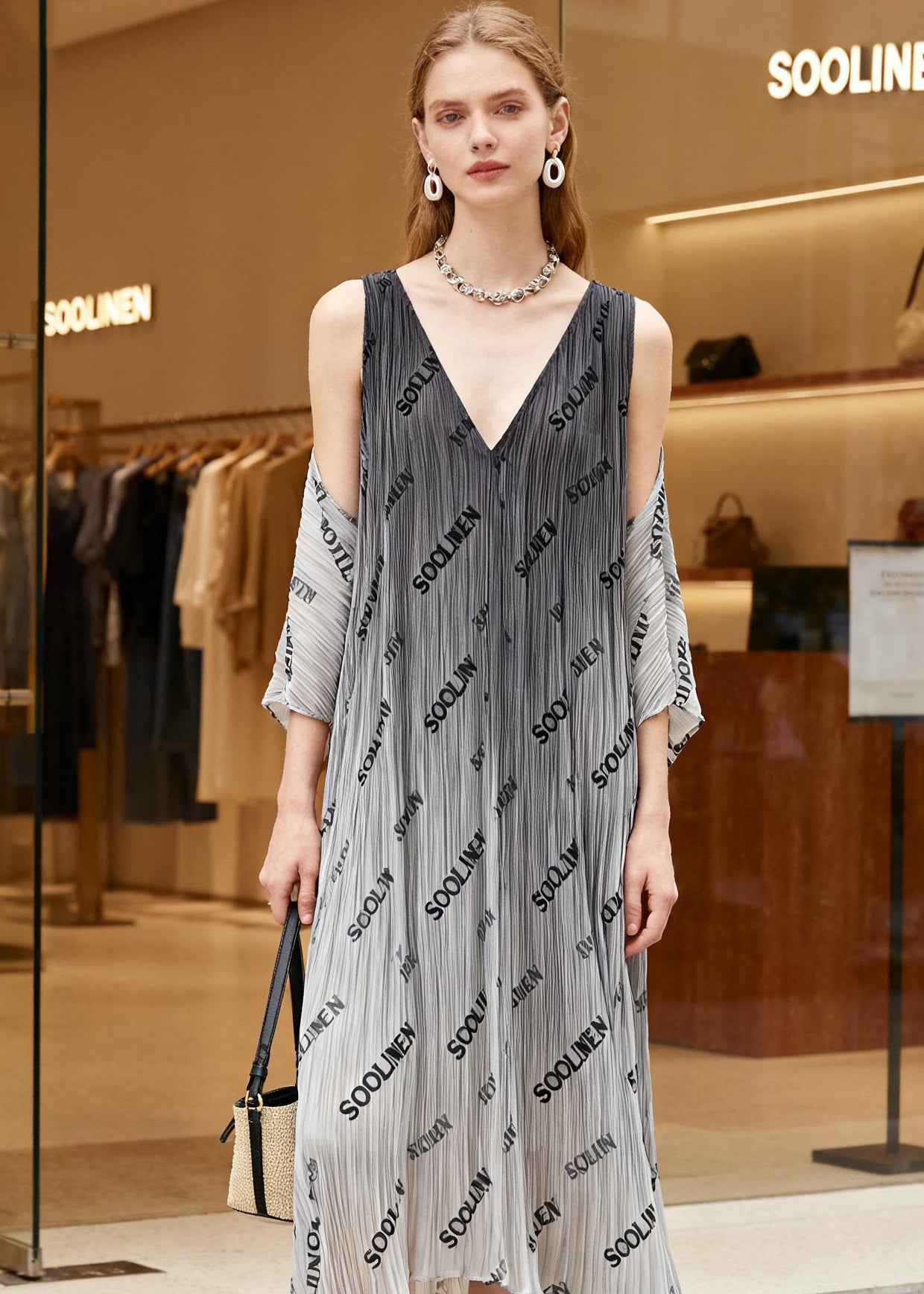 Italian Gradient Grey V Neck Graphic Print Wrinkled Chiffon Dresses Summer