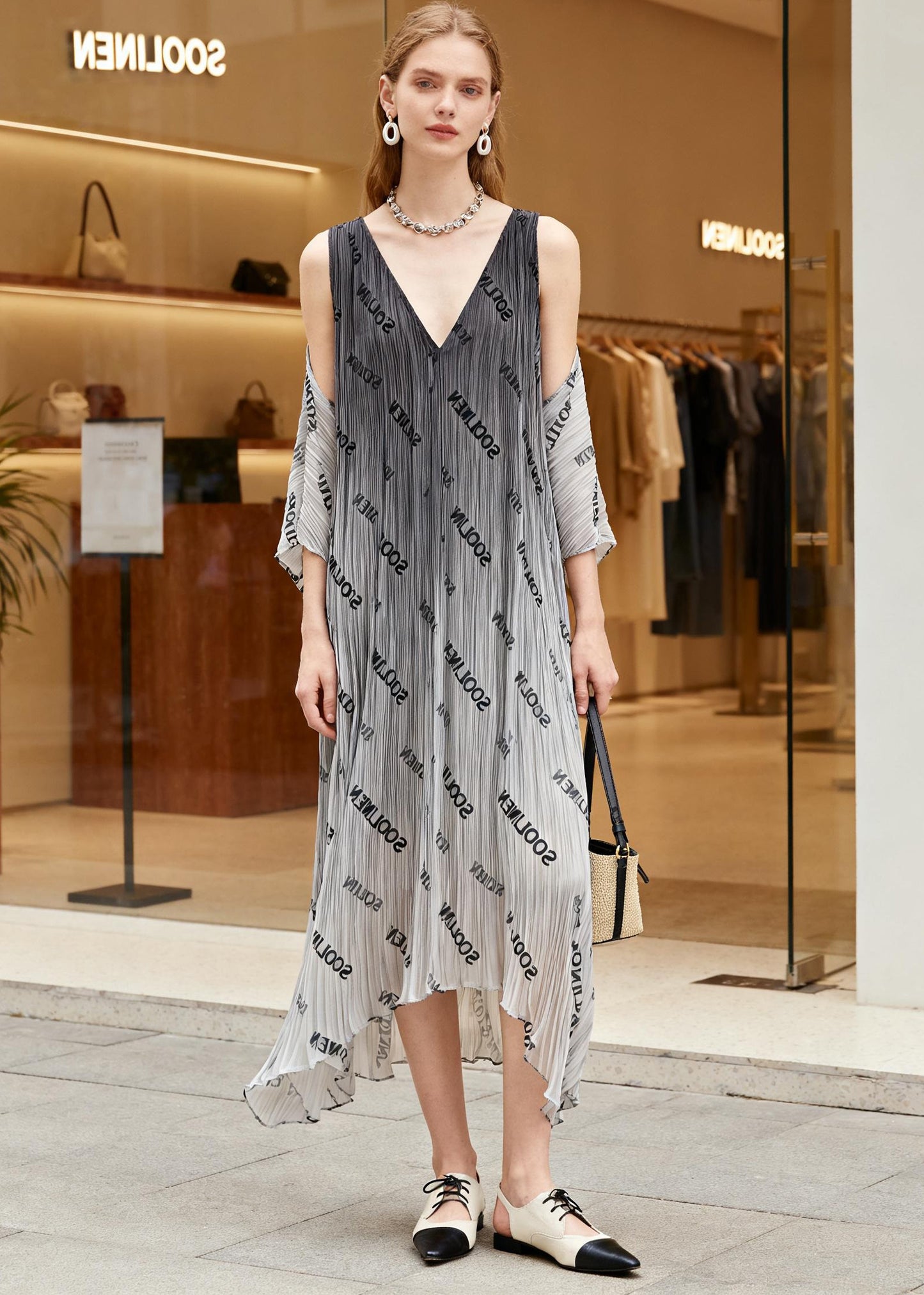 Italian Gradient Grey V Neck Graphic Print Wrinkled Chiffon Dresses Summer